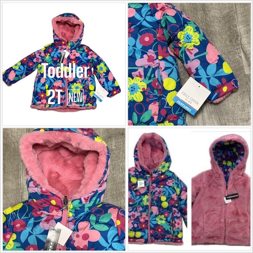 Falls Creek Girls 2T Toddler Reversible Puffer Jacket Coat Faux Fur Flowers Hood - Picture 1 of 9